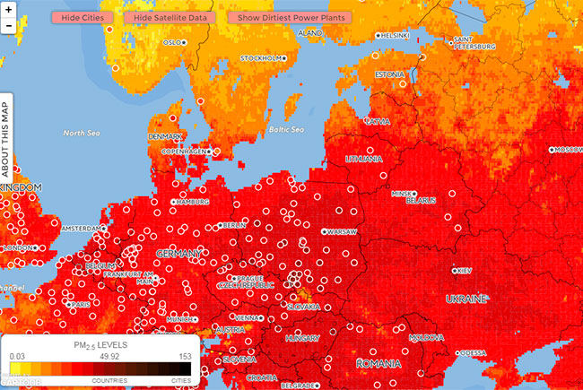 Создана интерактивная карта загрязнения воздуха в мире